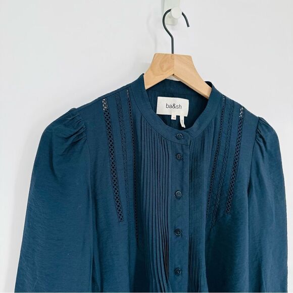 Ba&sh Laure Pintuck Button Front Shirt Puff Sleeve Crochet Trim Blue Women's XS - Picture 4 of 7